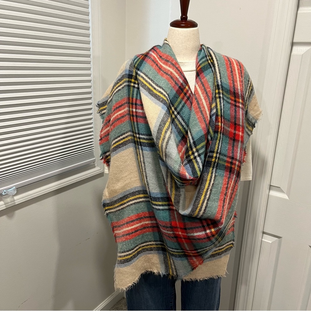 Aerie Plaid Blanket Shawl in Red, Green, Yellow, Blue and Cream